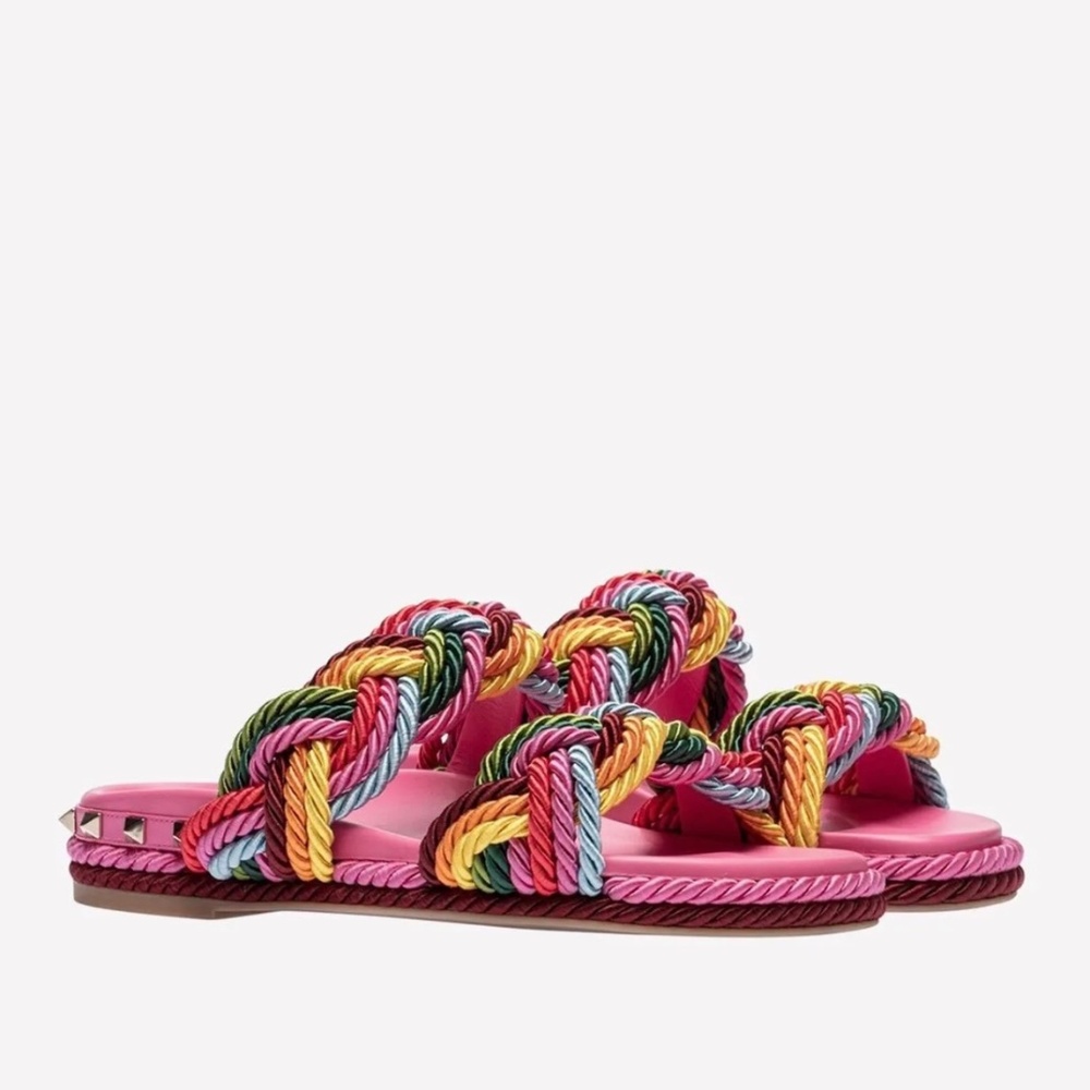 Valentino Rockstud Braided Rope Flat Sandals -
